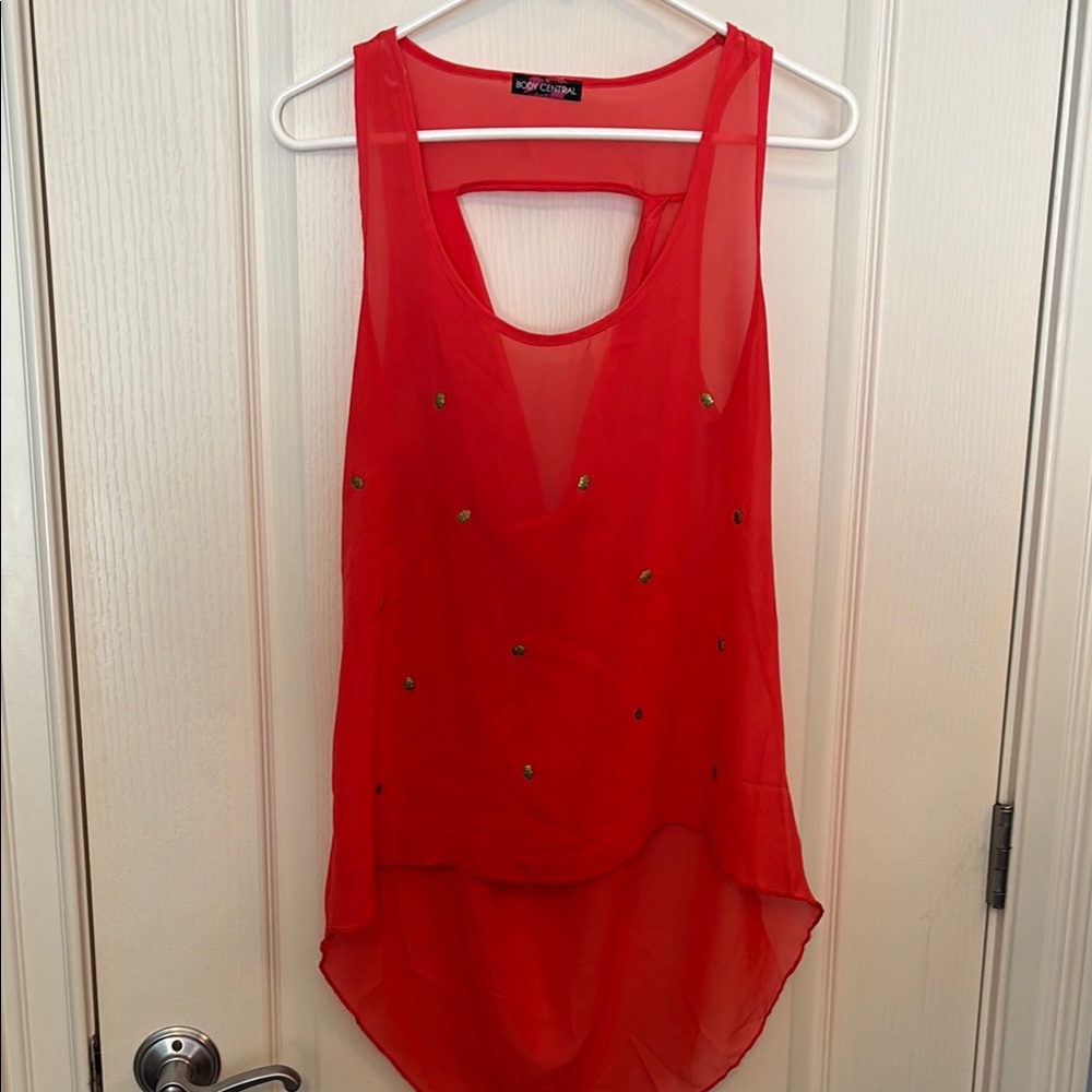 Body Central, size L, GUC, Red Sheer Sleeveless Top